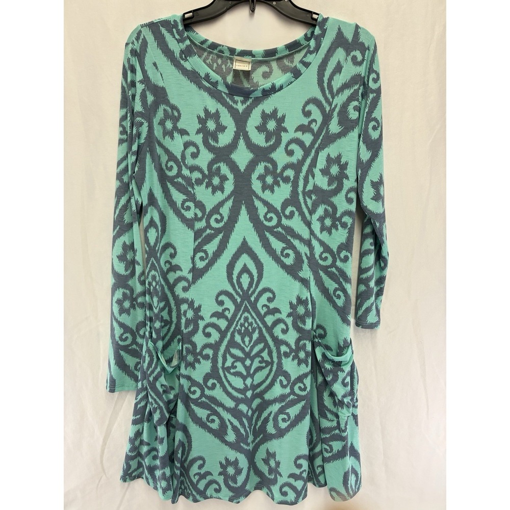 Hershe Tunic Top M Teal Gray Damask Print Long Sleeve Pockets Stretch‎ USA